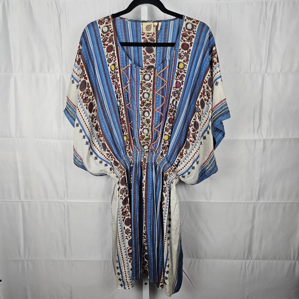 Lilka Anthropology Top Long Tunic Beaded Blue Elastic Waist Kimono Sleeves M/L